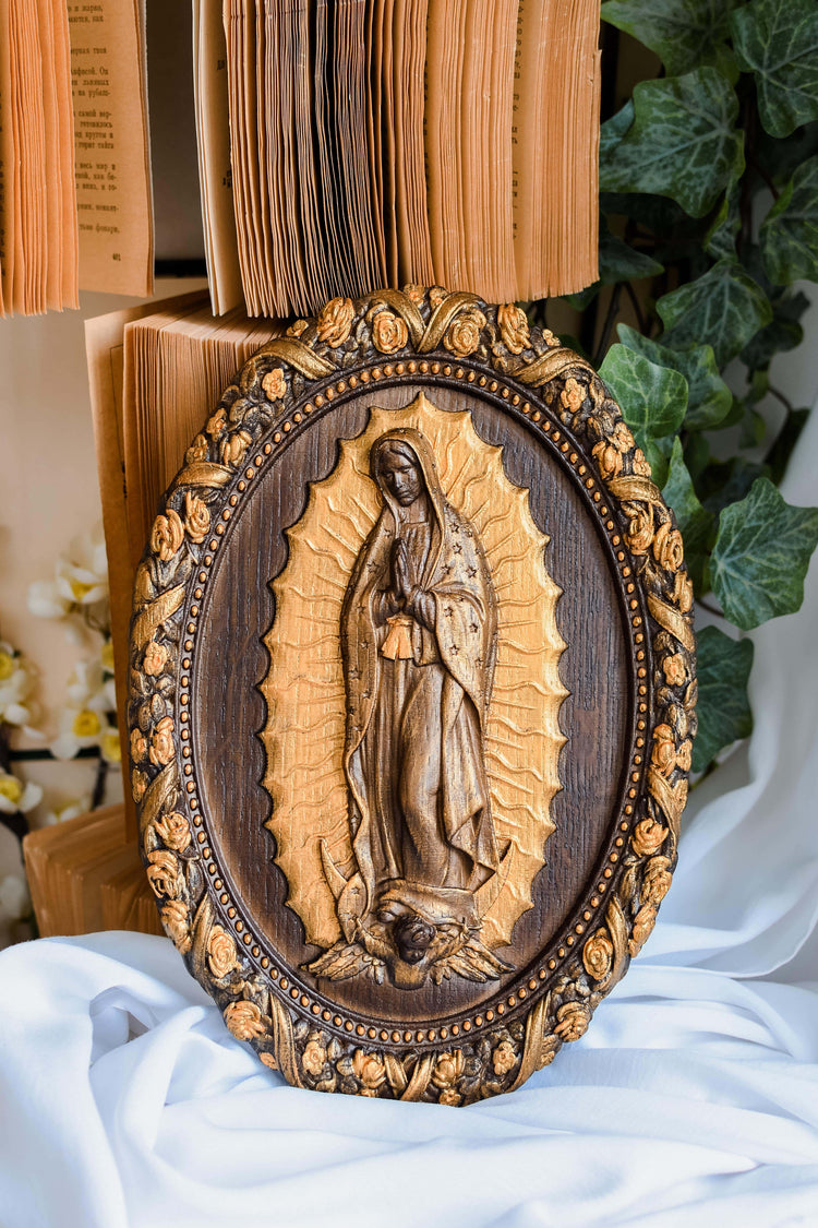 Our Lady of Guadalupe Wooden Sculpture Oval - Kozak Work Shop