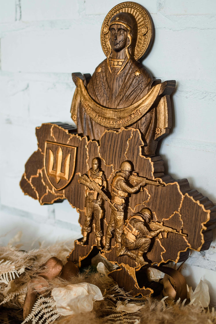 Ukrainian map with Blessed Virgin Mary over  Ukrainian solgiers - Kozak Work Shop
