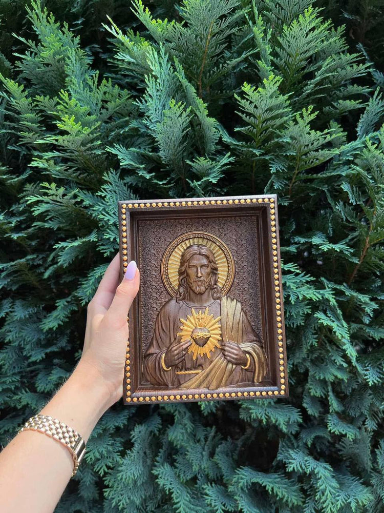 Sacred Heart of Jesus and Immaculate Heart of Mary Set of two Wooden panels Wooden carved statuary 6x7 inches Religious gift - Kozak Work Shop