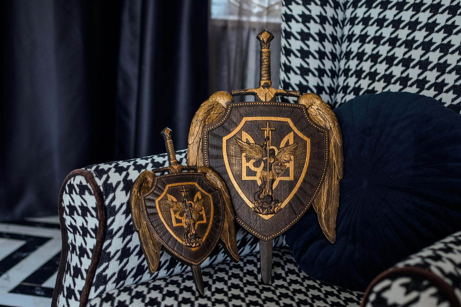 The shield with Ukrainian Trident and Archangel Michael Wooden Plaque - Kozak Work Shop