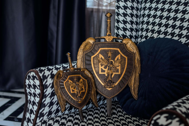 The shield with Ukrainian Trident and Archangel Michael Wooden Plaque - Kozak Work Shop