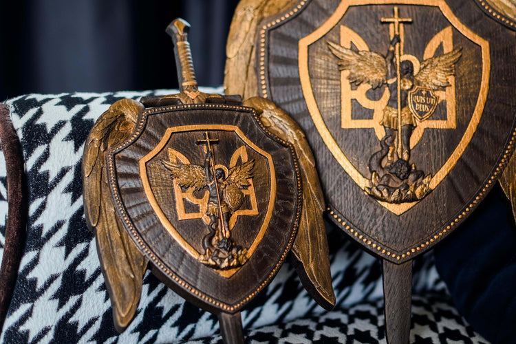 The shield with Ukrainian Trident and Archangel Michael Wooden Plaque - Kozak Work Shop