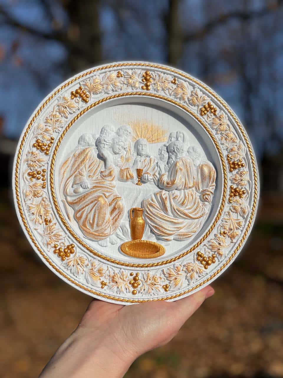 Round Last Supper Wooden Carved Plaque - Kozak Work Shop