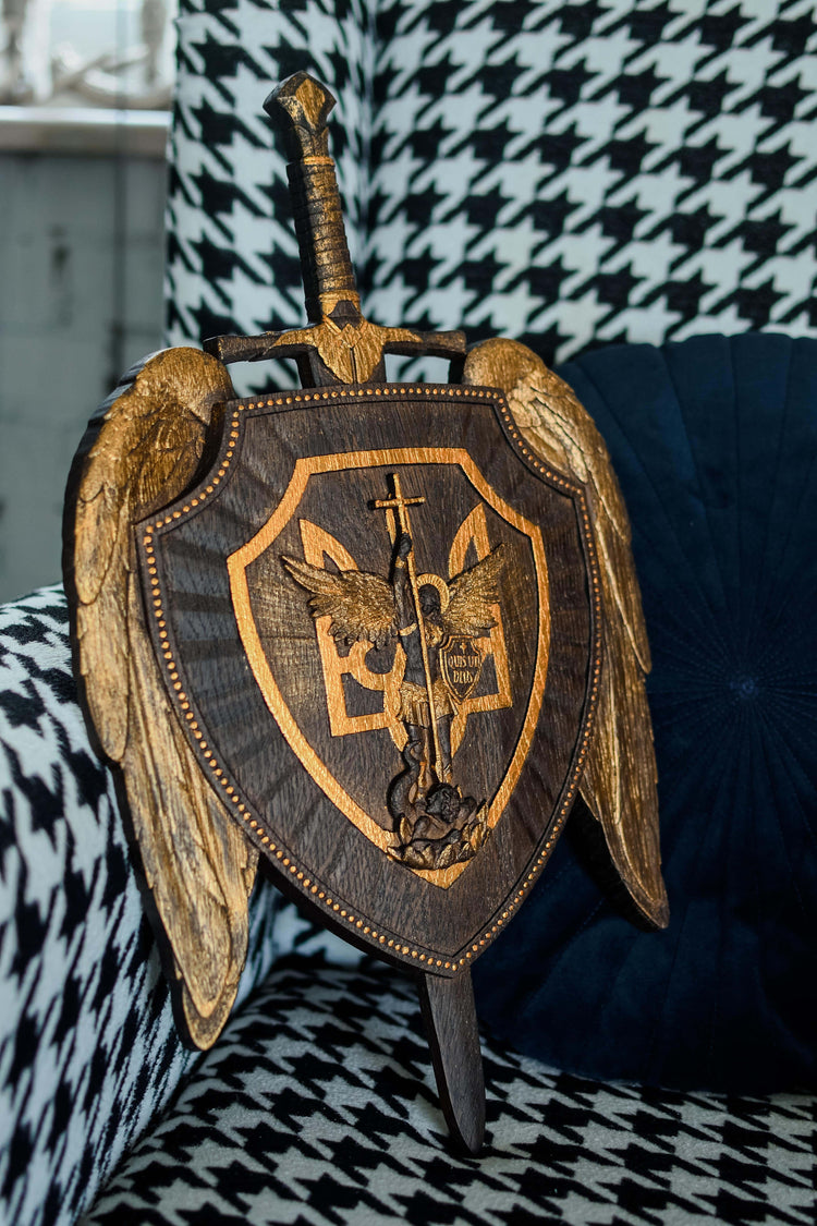 The shield with Ukrainian Trident and Archangel Michael Wooden Plaque - Kozak Work Shop