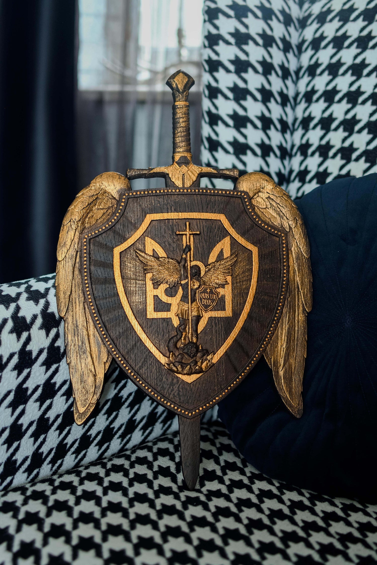 The shield with Ukrainian Trident and Archangel Michael Wooden Plaque - Kozak Work Shop