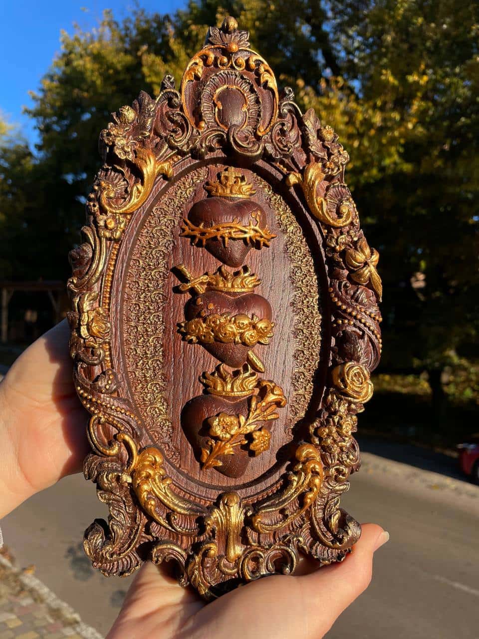 Three Sacred Hearts of the Holy Family Wall Hanging Wooden Art work - Kozak Work Shop