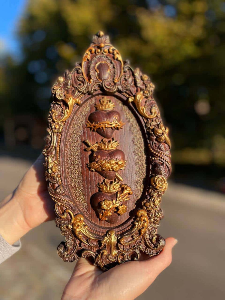 Three Sacred Hearts of the Holy Family Wall Hanging Wooden Art work - Kozak Work Shop
