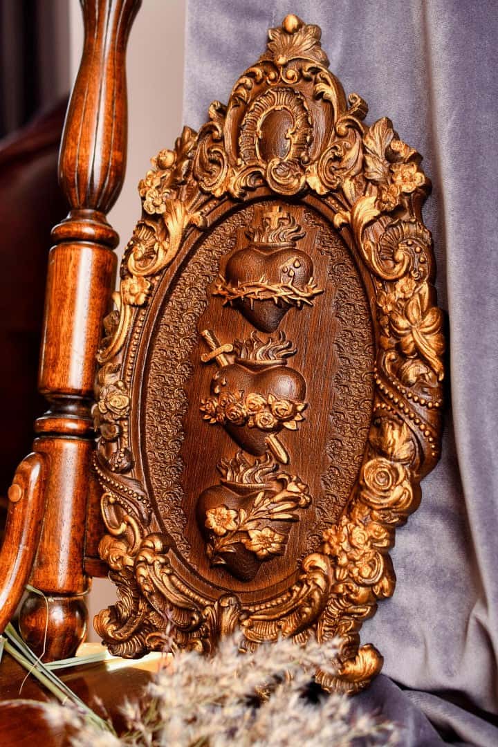Three Sacred Hearts of the Holy Family Wall Hanging Wooden Art work - Kozak Work Shop