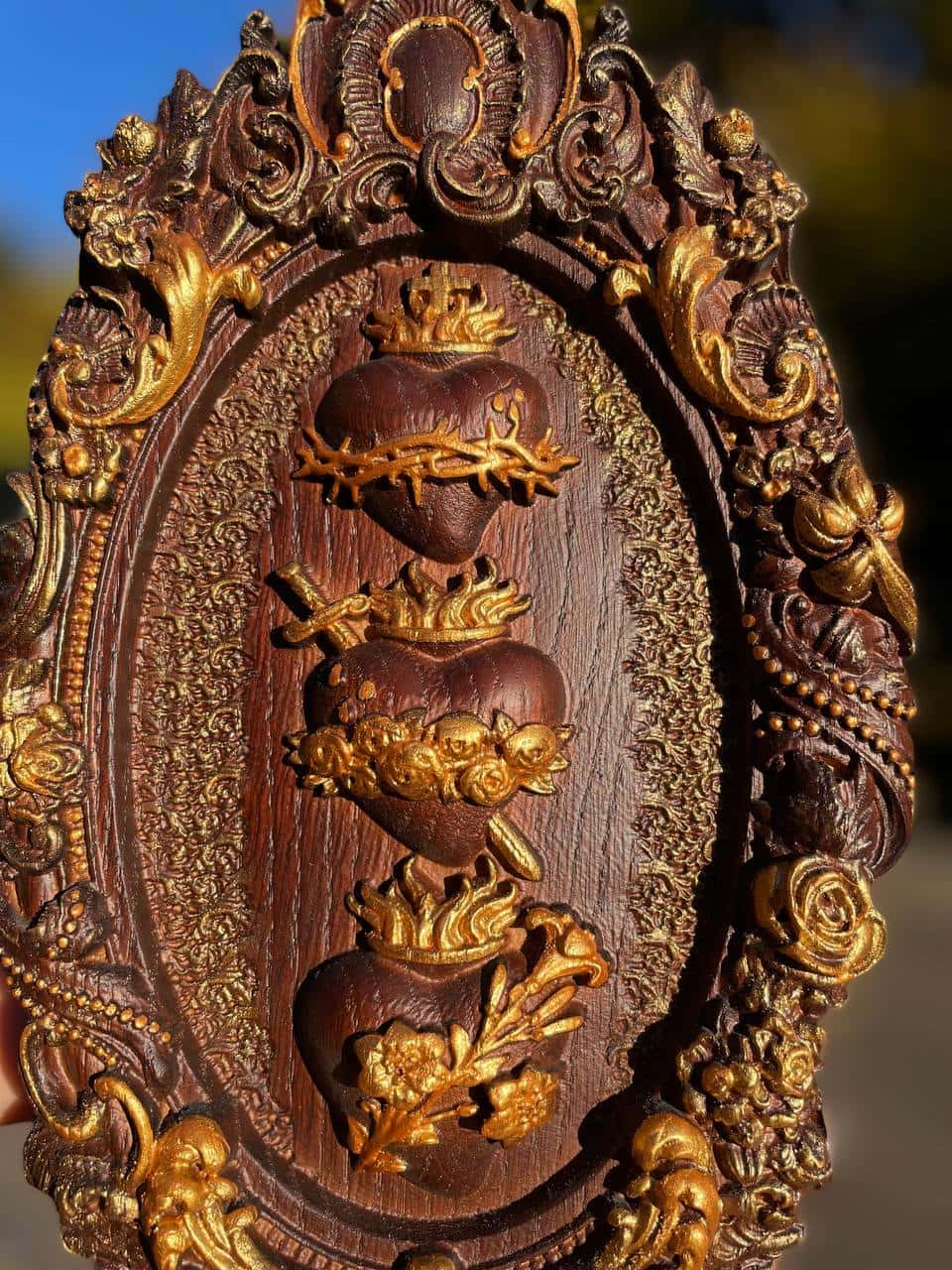 Three Sacred Hearts of the Holy Family Wall Hanging Wooden Art work - Kozak Work Shop