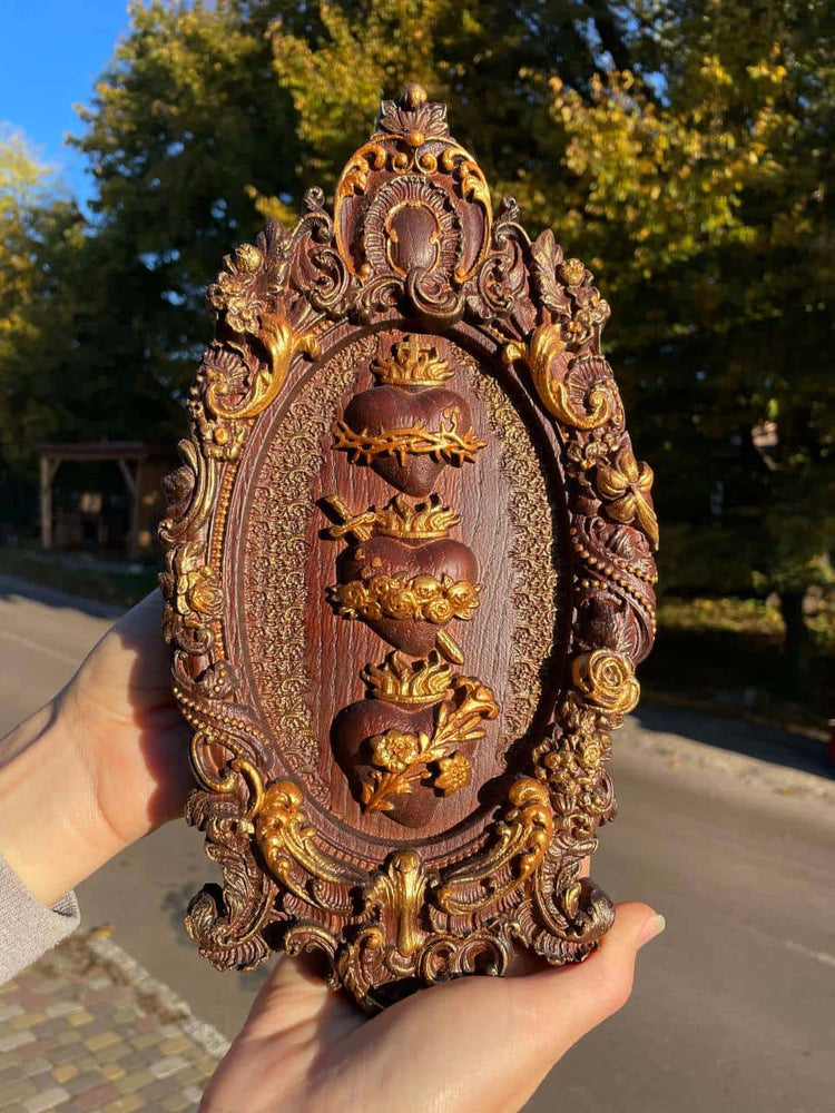 Three Sacred Hearts of the Holy Family Wall Hanging Wooden Art work - Kozak Work Shop