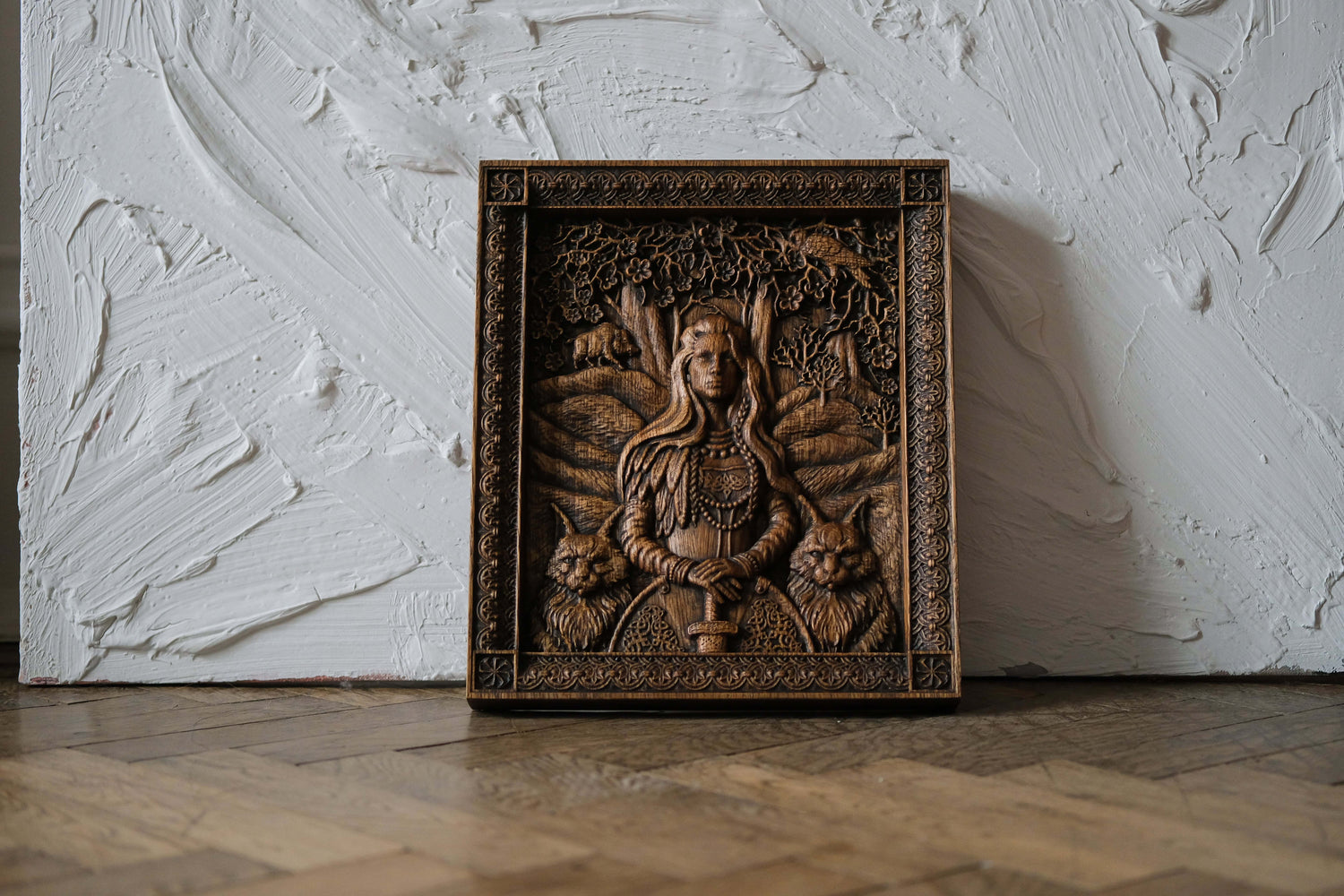 Freyja Skandinavian Goddess Wooden Carved Wall Picture - Kozak Work Shop