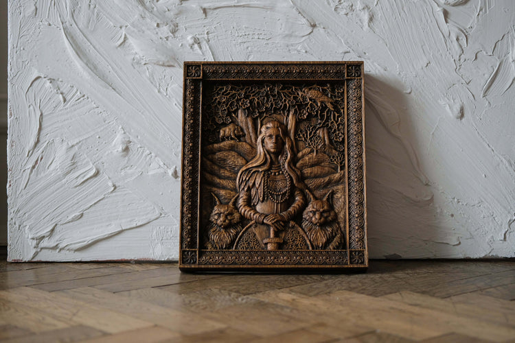 Freyja Skandinavian Goddess Wooden Carved Wall Picture - Kozak Work Shop