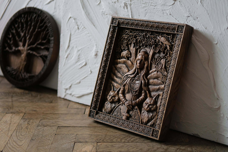 Freyja Skandinavian Goddess Wooden Carved Wall Picture - Kozak Work Shop