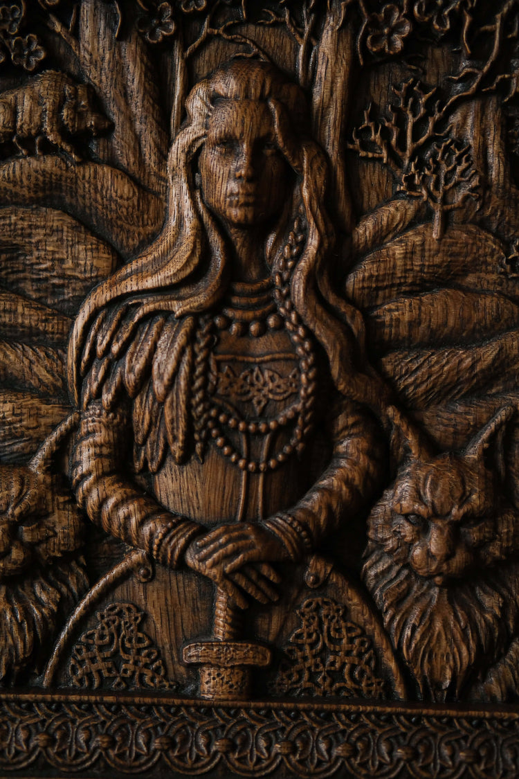 Freyja Skandinavian Goddess Wooden Carved Wall Picture - Kozak Work Shop