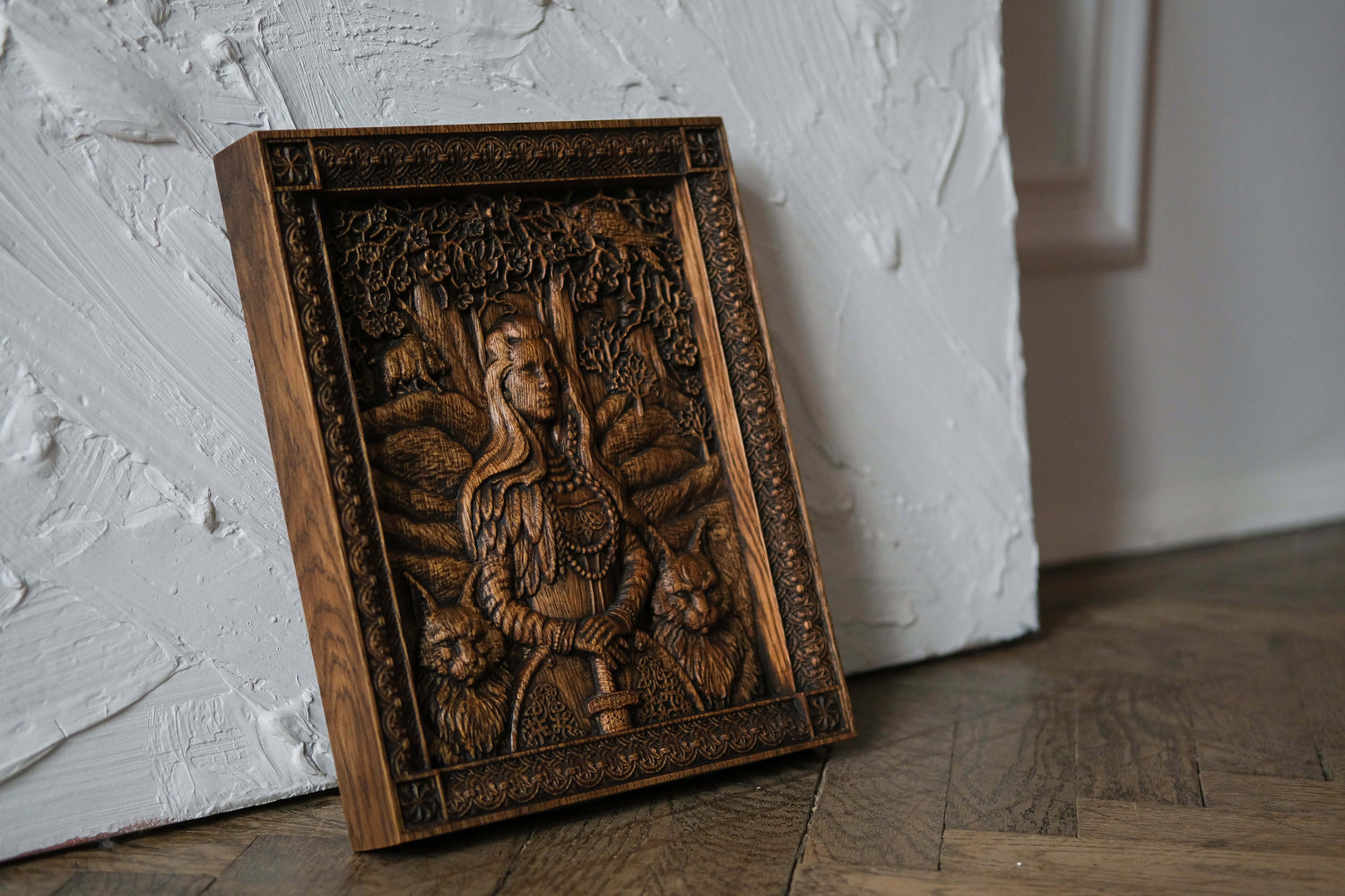 Freyja Skandinavian Goddess Wooden Carved Wall Picture - Kozak Work Shop