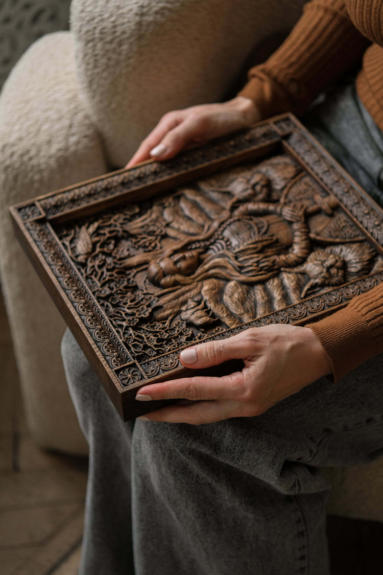 Freyja Skandinavian Goddess Wooden Carved Wall Picture - Kozak Work Shop