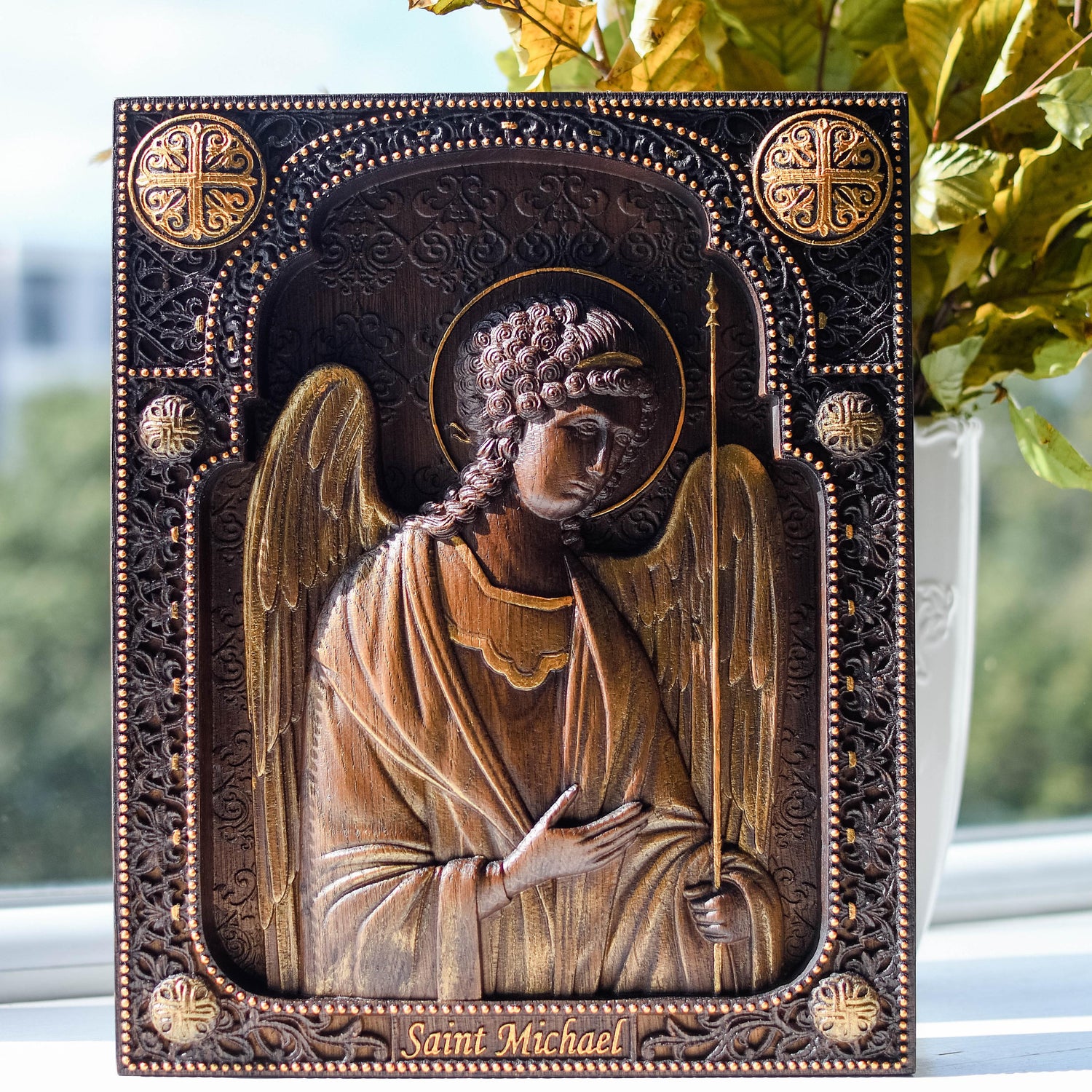 Archangel Michael watching You Wooden 3D carved icon - Kozak Work Shop
