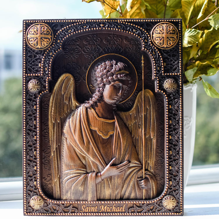Archangel Michael watching You Wooden 3D carved icon - Kozak Work Shop