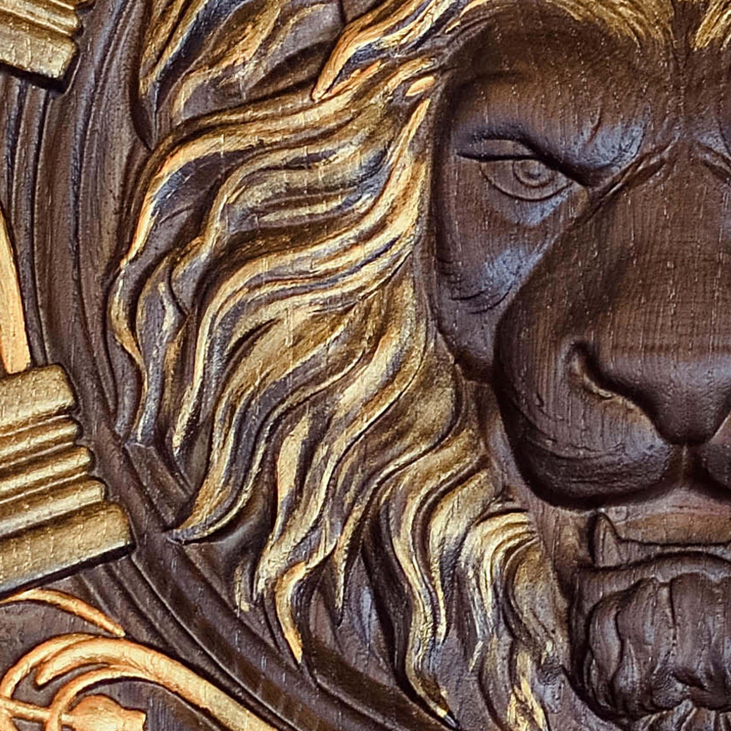 Lion Head Squared Wooden Carved Plaque - Kozak Work Shop