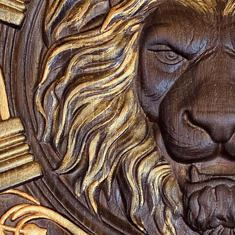 Lion Head Squared Wooden Carved Plaque - Kozak Work Shop