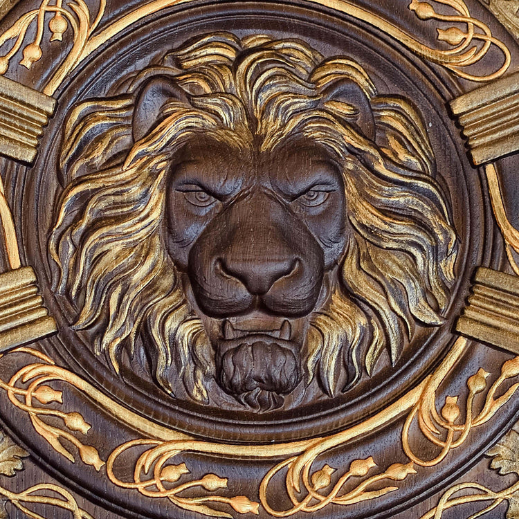 Lion Head Squared Wooden Carved Plaque - Kozak Work Shop