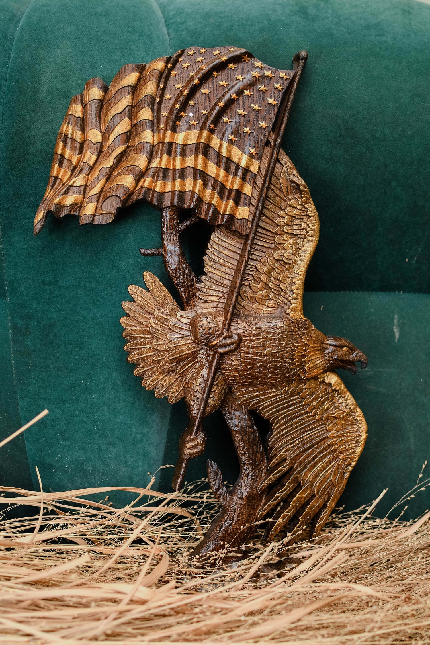 Eagle with USA Flag Wall Wood Carved Plaque - Kozak Work Shop
