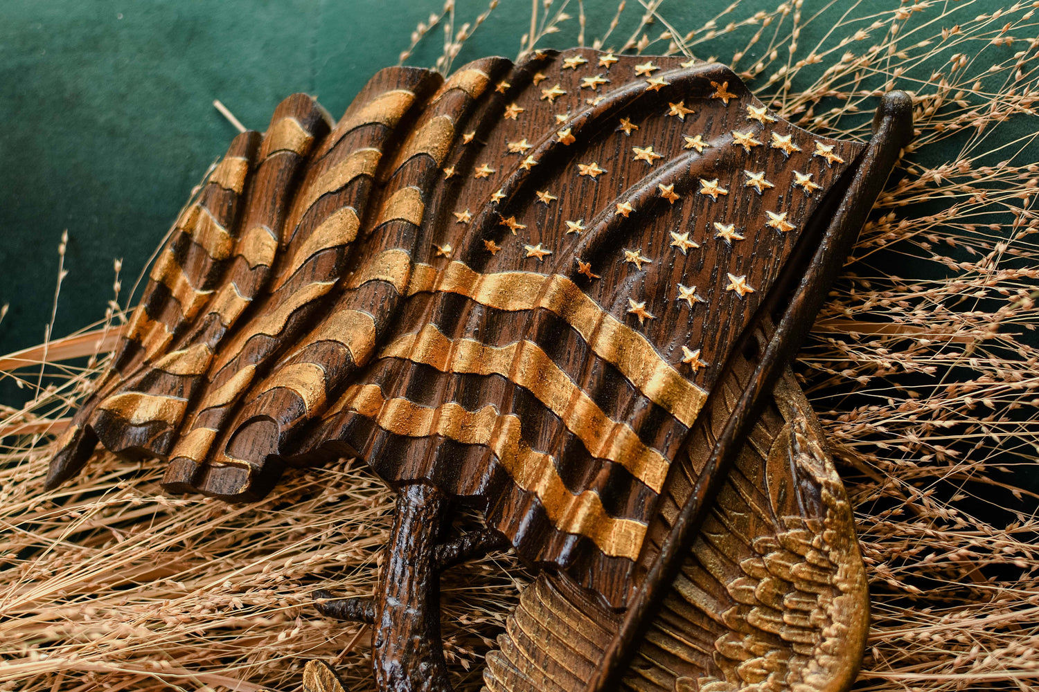 Eagle with USA Flag Wall Wood Carved Plaque - Kozak Work Shop