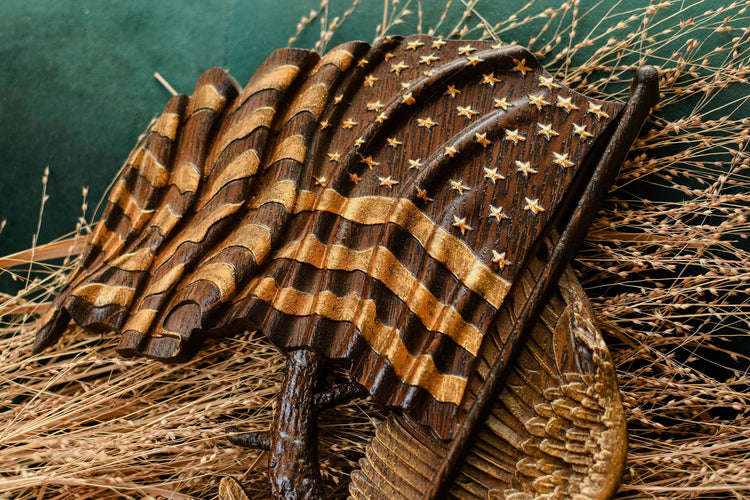 Eagle with USA Flag Wall Wood Carved Plaque - Kozak Work Shop