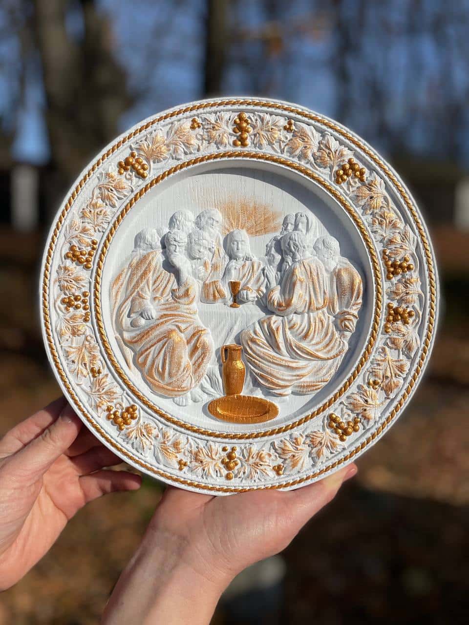 Round Last Supper Wooden Carved Plaque - Kozak Work Shop