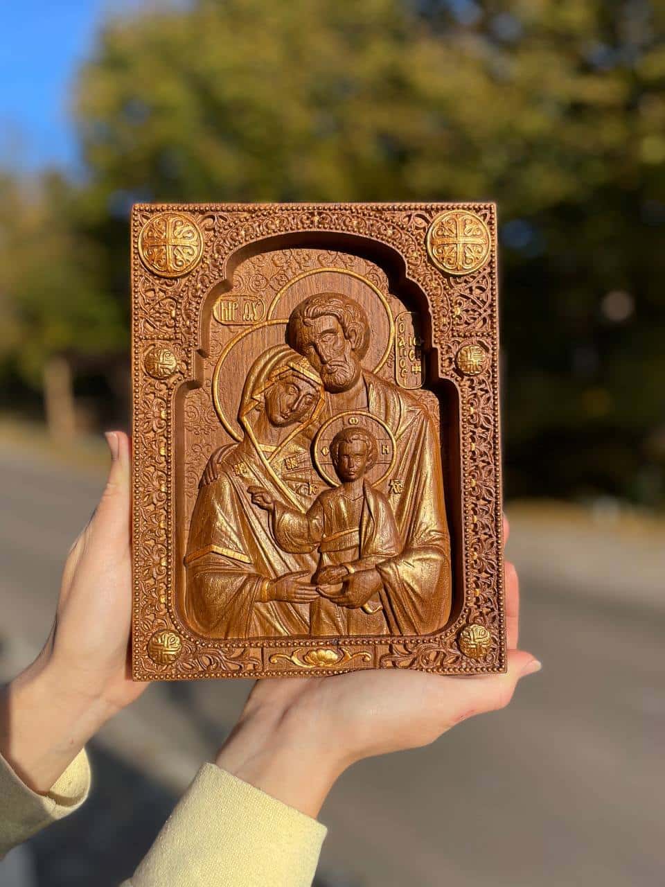 Holy Family Wooden Carved Byzantine Image - Kozak Work Shop