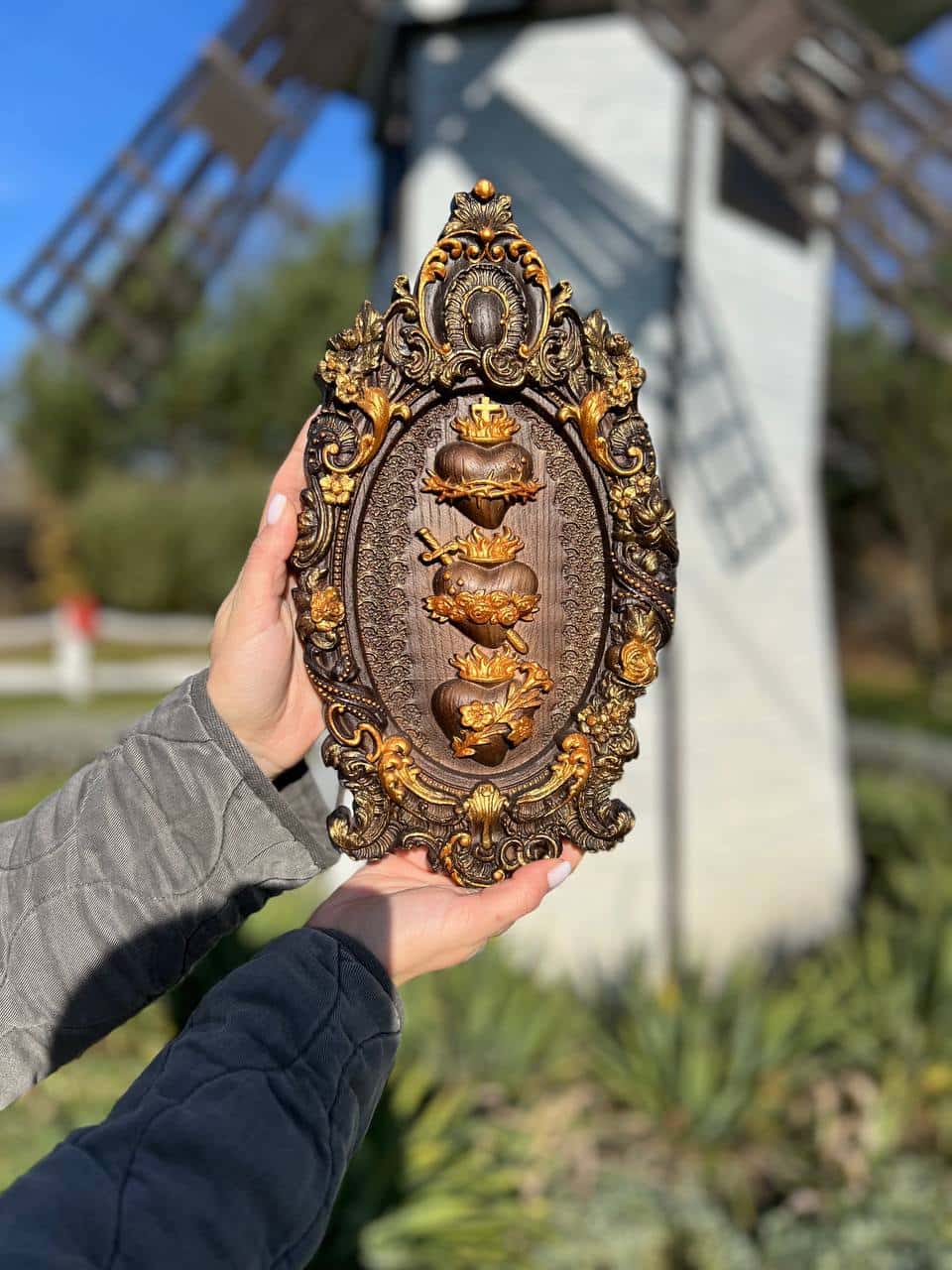 Three Sacred Hearts of the Holy Family Wall Hanging Wooden Art work - Kozak Work Shop