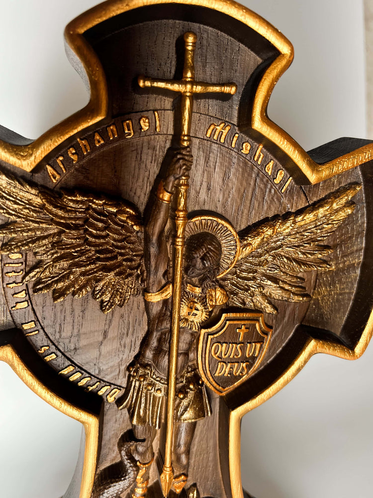 Archangel Michael on the Stand wooden 3D carved statuary - Kozak Work Shop