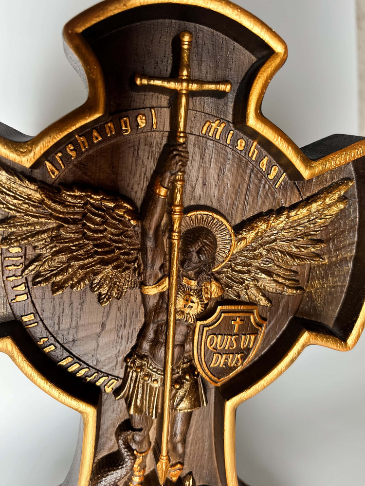 Archangel Michael on the Stand wooden 3D carved statuary - Kozak Work Shop