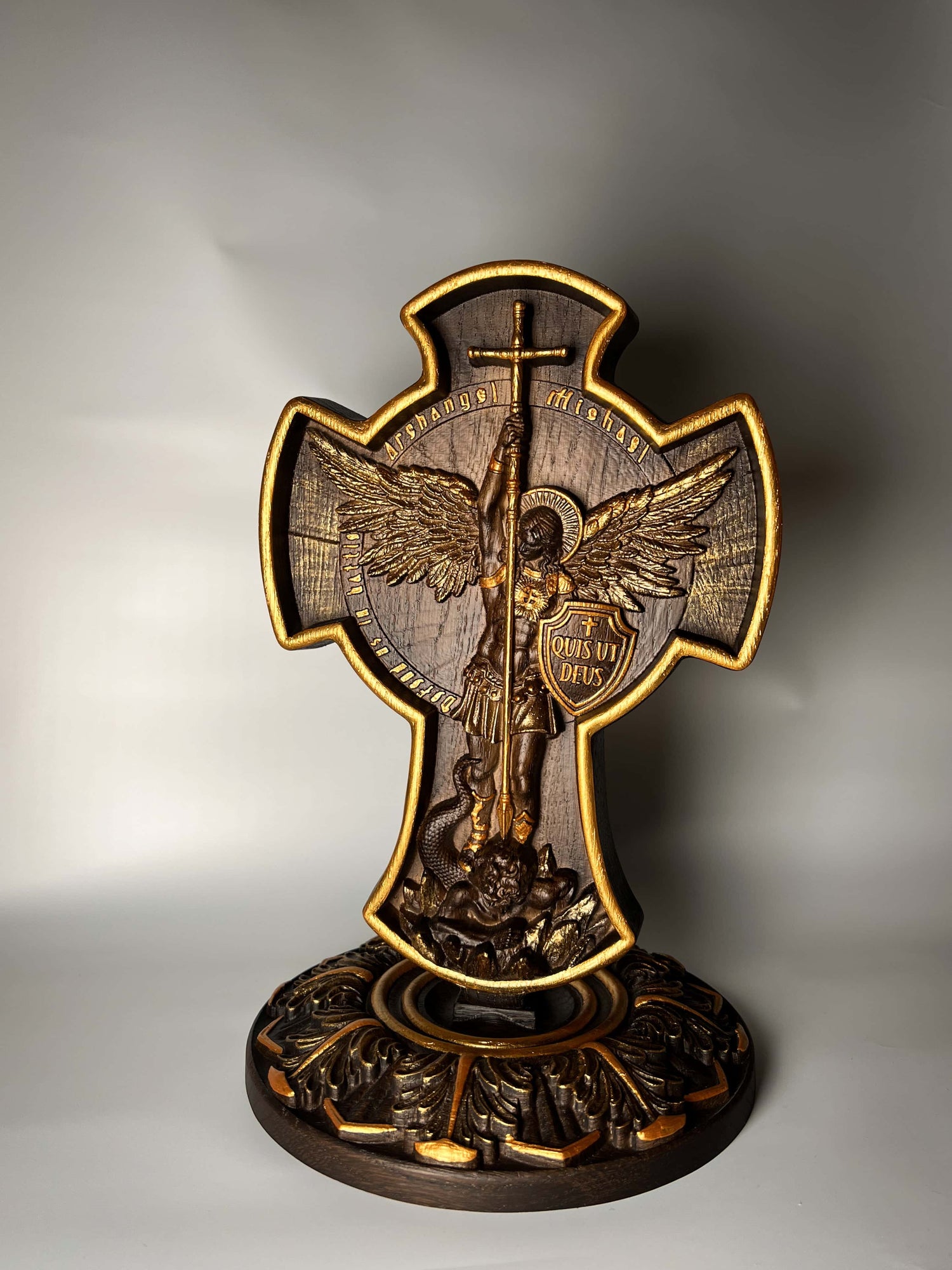 Archangel Michael on the Stand wooden 3D carved statuary - Kozak Work Shop