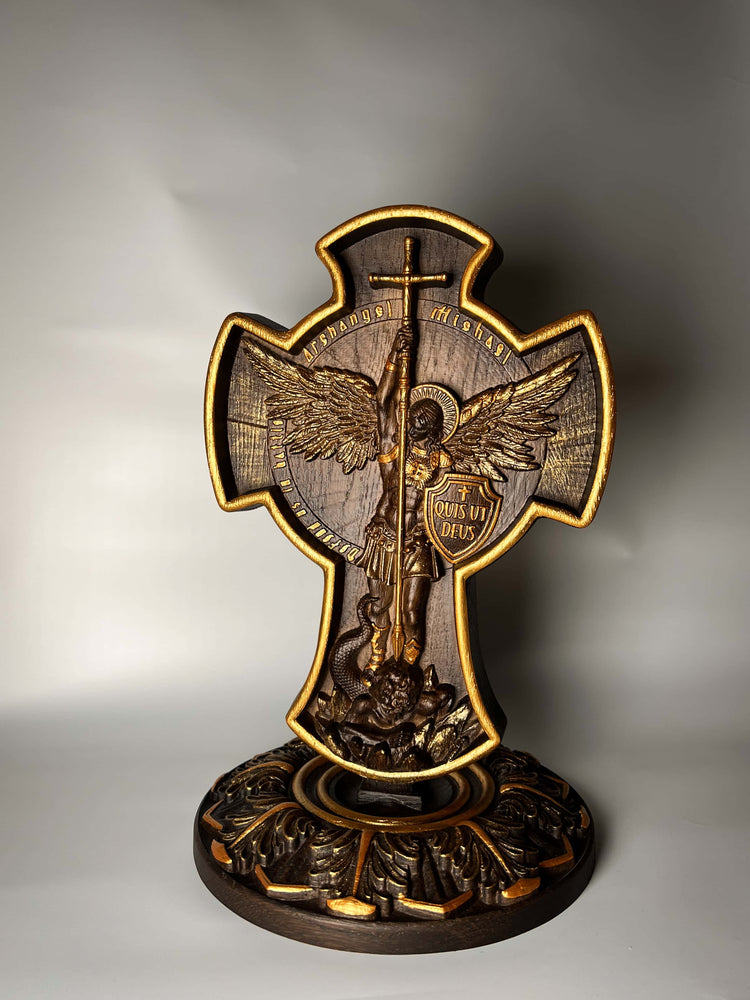 Archangel Michael on the Stand wooden 3D carved statuary - Kozak Work Shop