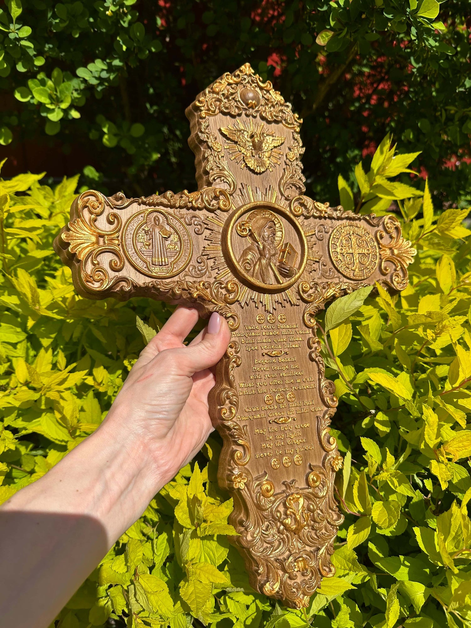 Handcarved St. Benedict exorcism cross with prayer and medal - Kozak Work Shop
