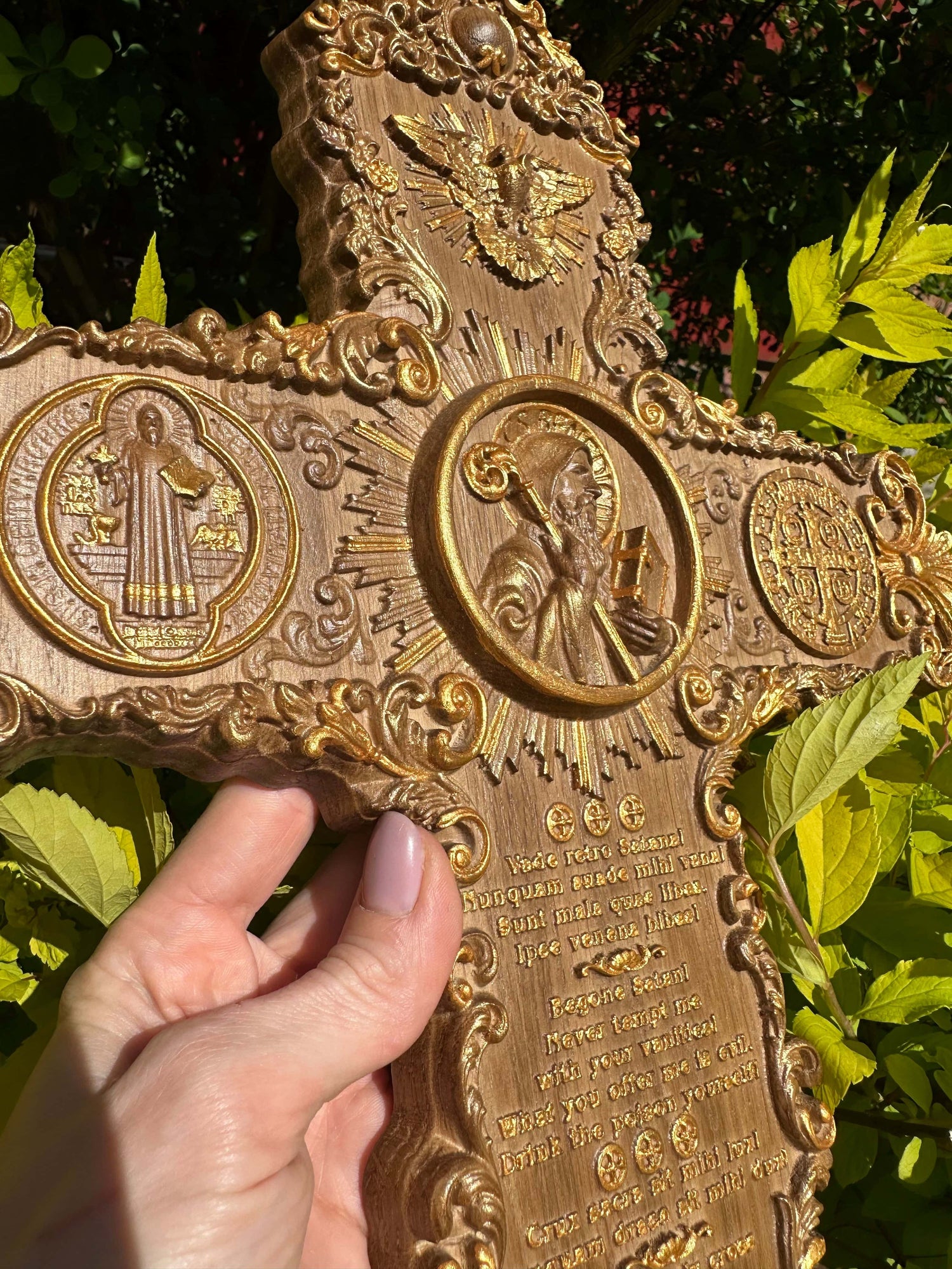 Handcarved St. Benedict exorcism cross with prayer and medal - Kozak Work Shop