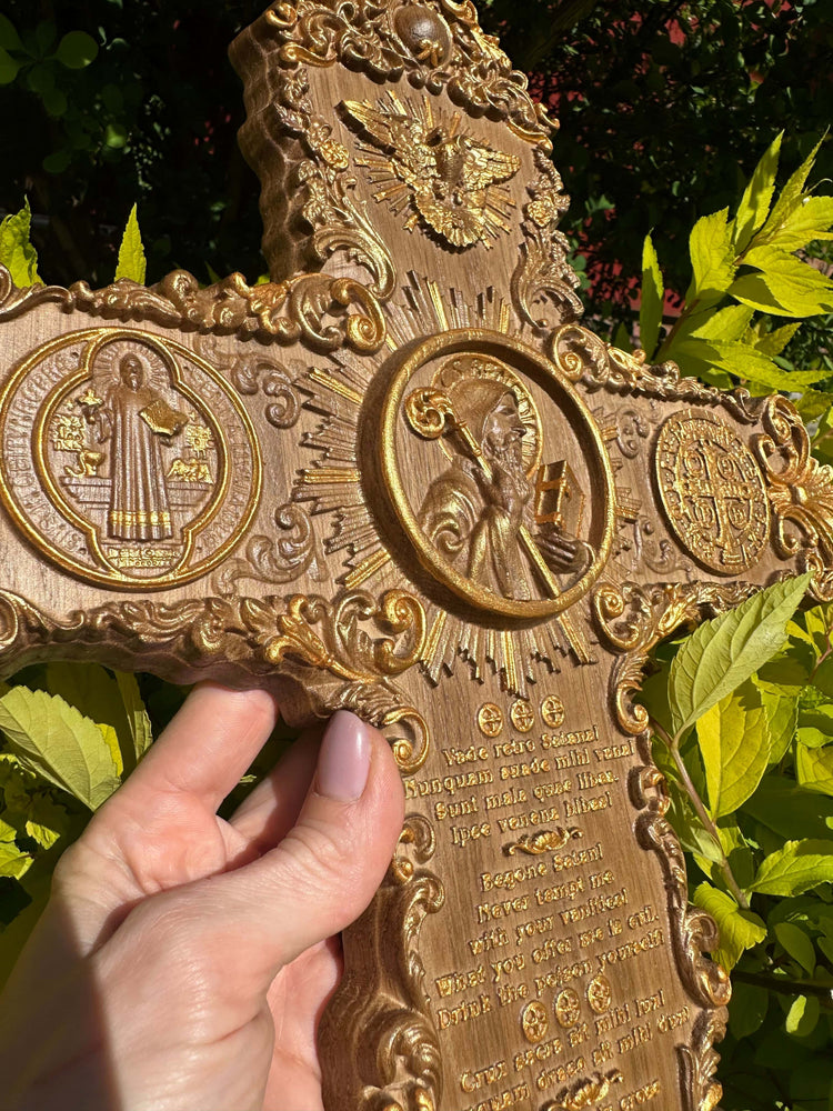 Handcarved St. Benedict exorcism cross with prayer and medal - Kozak Work Shop