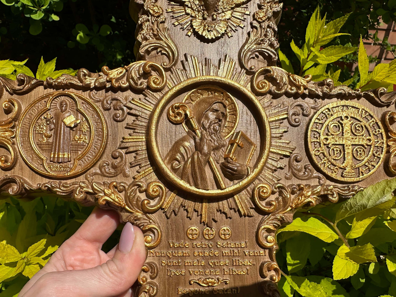 Handcarved St. Benedict exorcism cross with prayer and medal - Kozak Work Shop