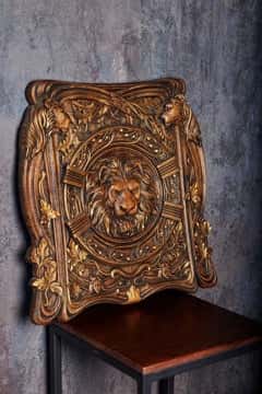 Lion Head Squared Wooden Carved Plaque - Kozak Work Shop