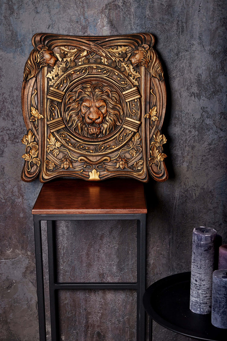 Lion Head Squared Wooden Carved Plaque - Kozak Work Shop