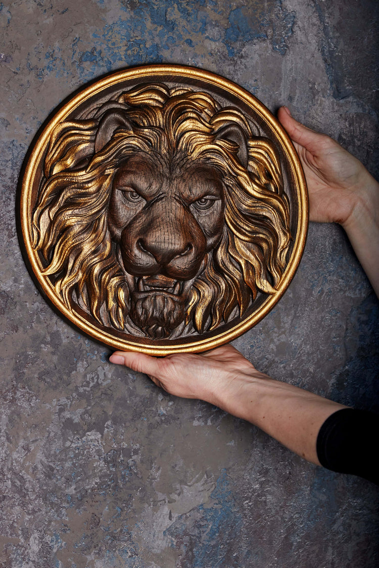 Lion Head Wooden Carved Plaque - Kozak Work Shop