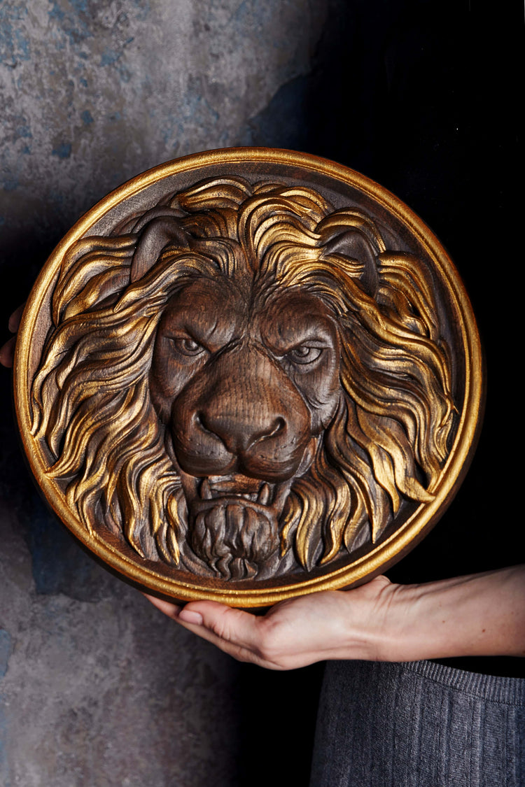 Lion Head Wooden Carved Plaque - Kozak Work Shop