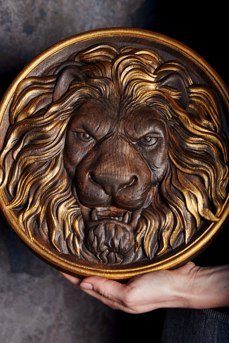 Lion Head Wooden Carved Plaque - Kozak Work Shop