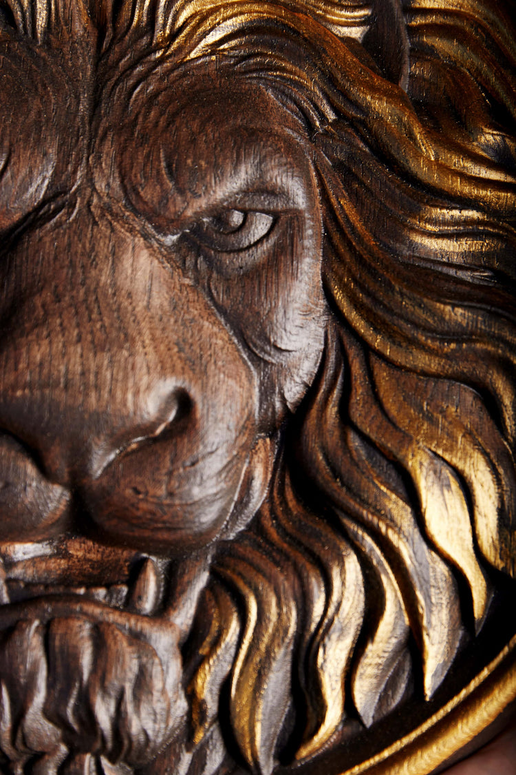 Lion Head Wooden Carved Plaque - Kozak Work Shop