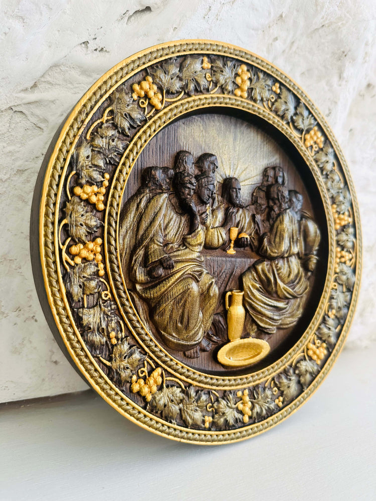 Round Last Supper Wooden Carved Plaque - Kozak Work Shop