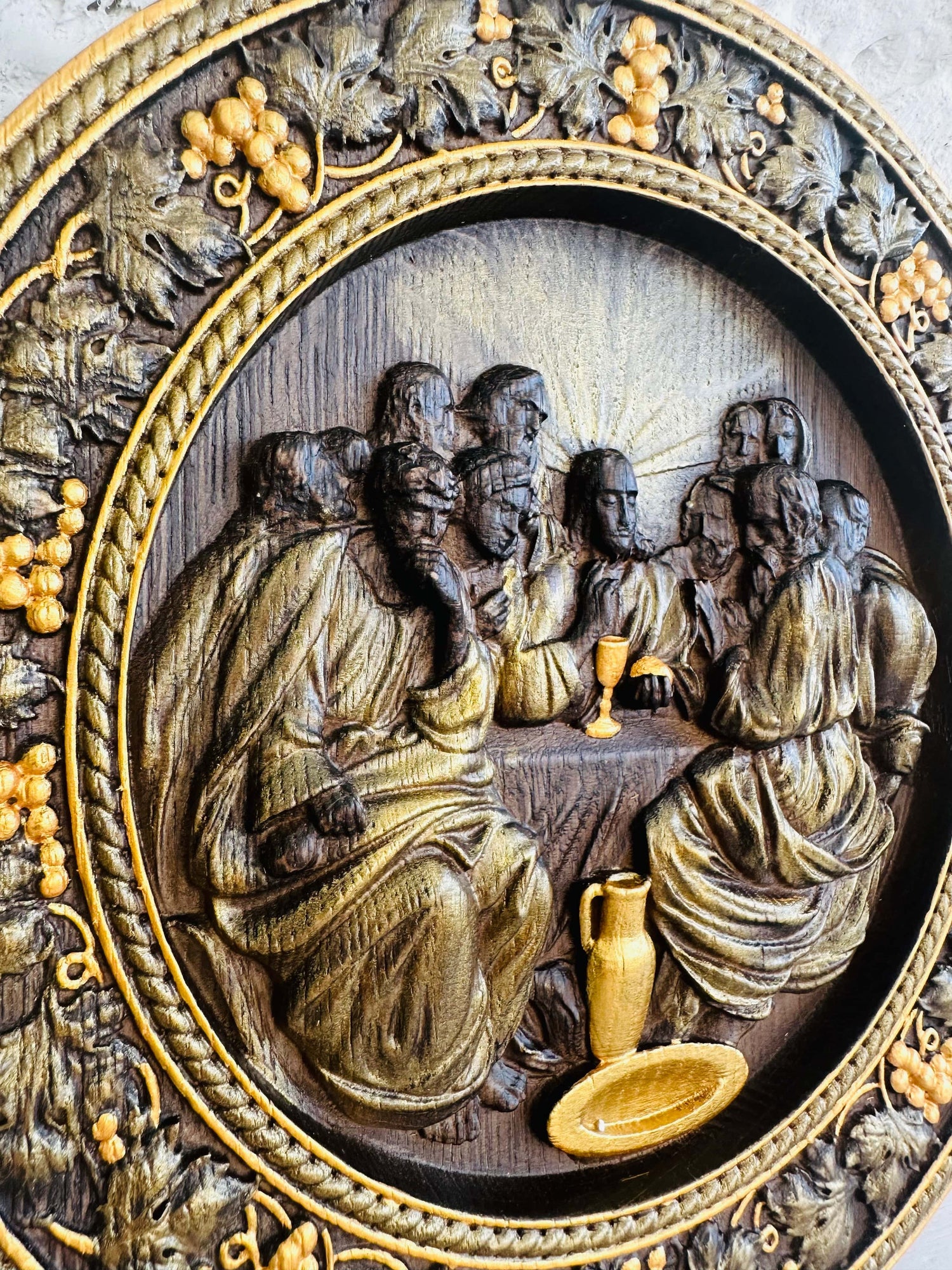 Round Last Supper Wooden Carved Plaque - Kozak Work Shop