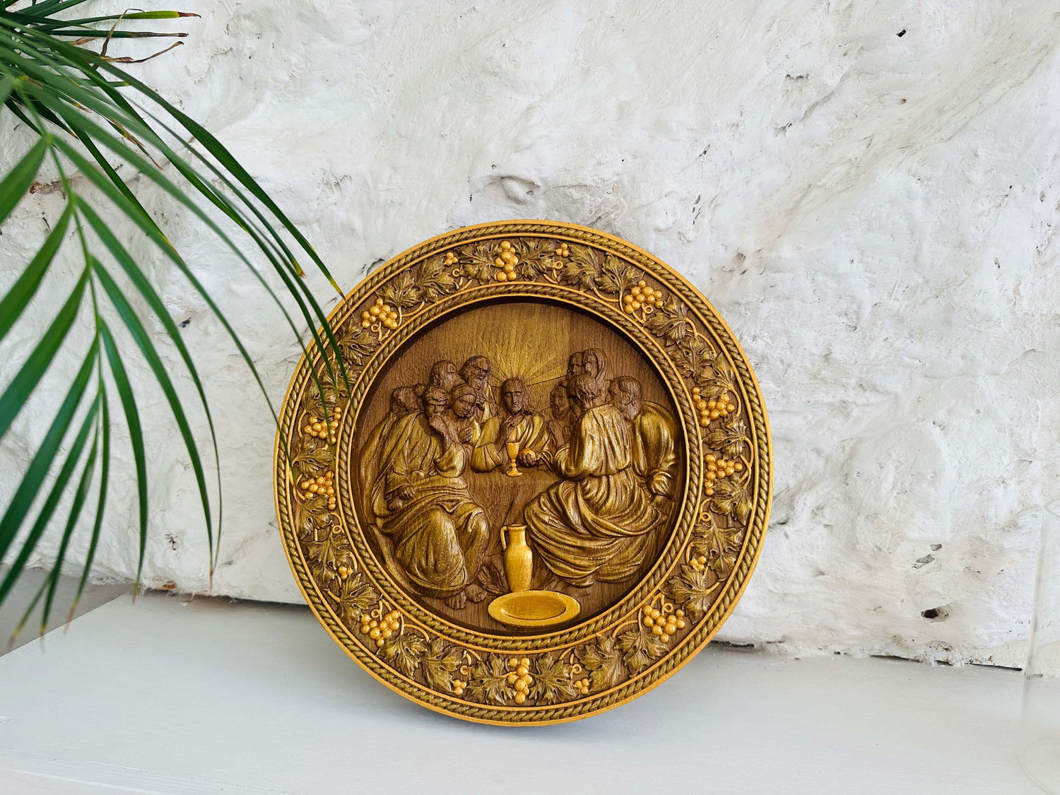 Round Last Supper Wooden Carved Plaque - Kozak Work Shop
