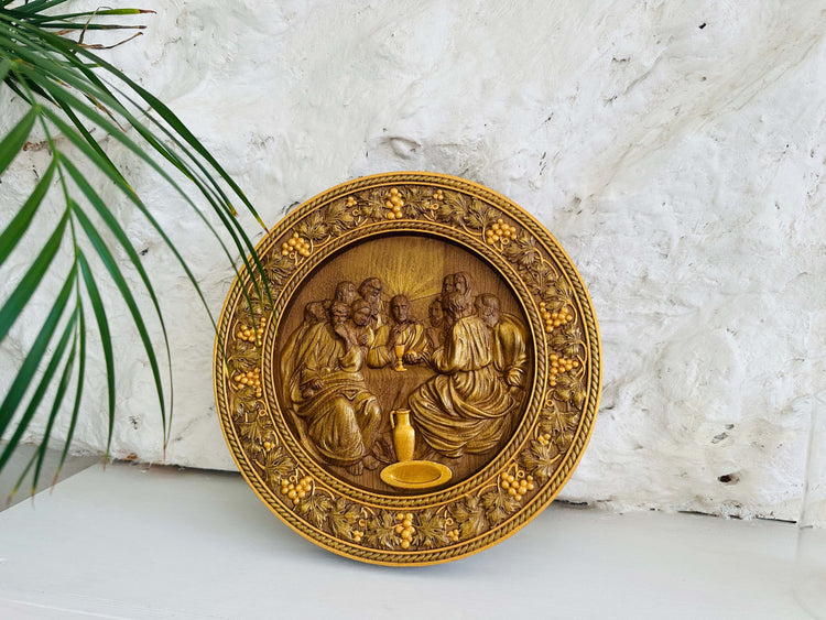 Round Last Supper Wooden Carved Plaque - Kozak Work Shop