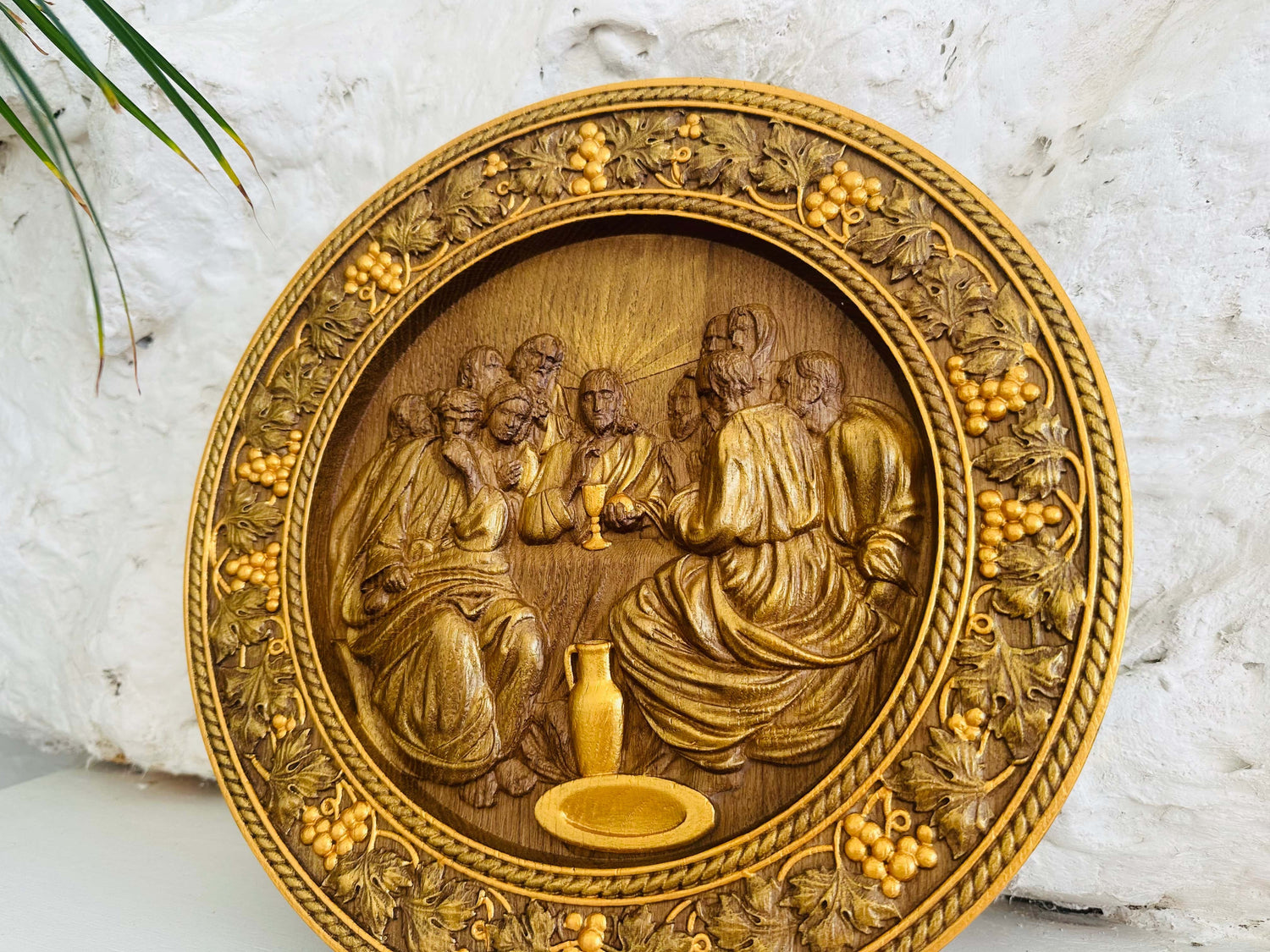 Round Last Supper Wooden Carved Plaque - Kozak Work Shop